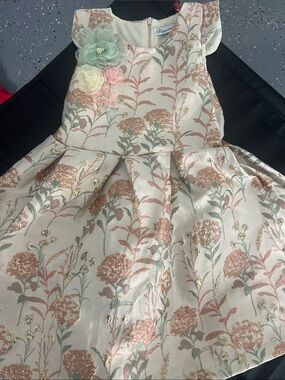 Peppermint Cream Floral Jacquard Dress with Pastel Appliqués